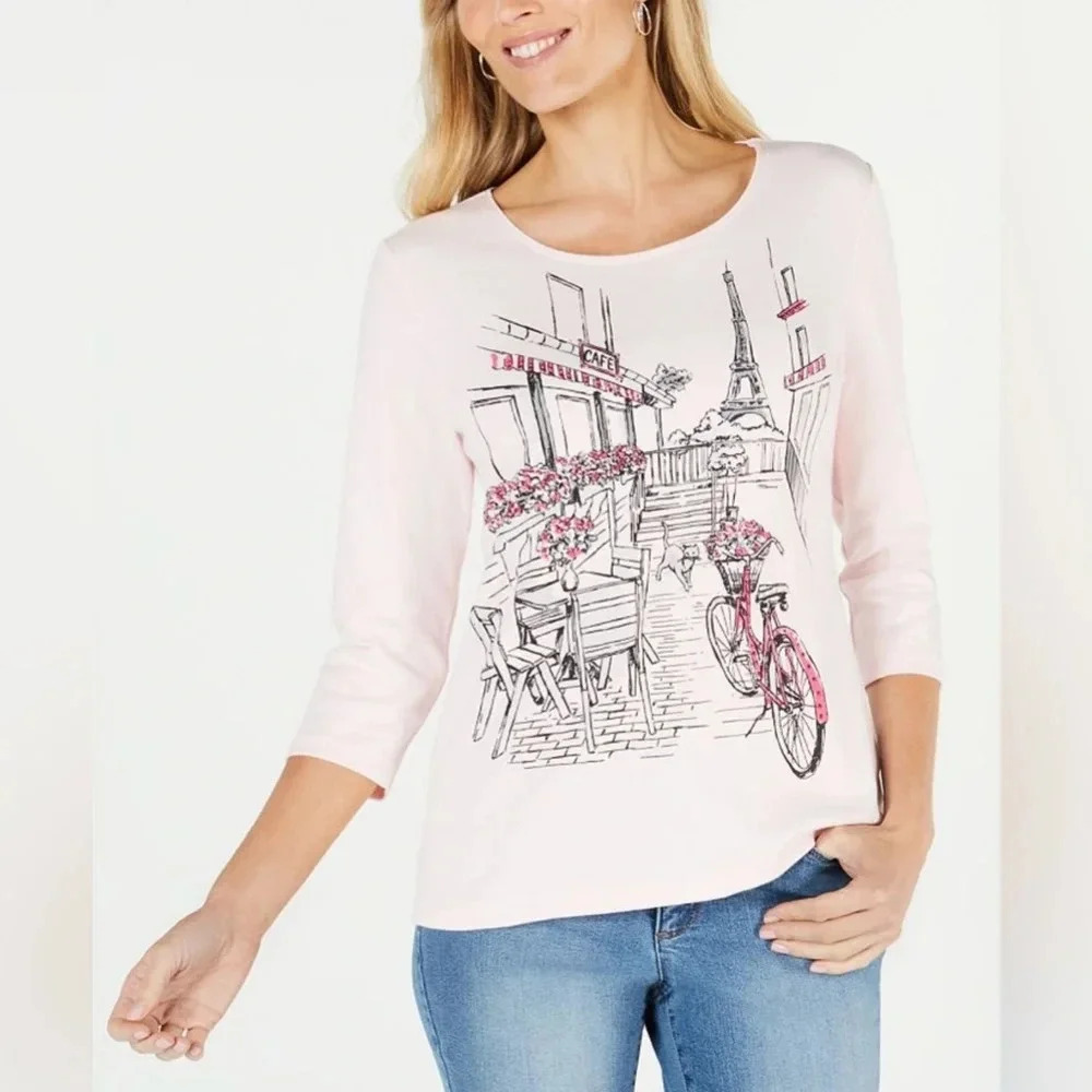 Karen Scott Petite Graphic-Print Pink Top Size M